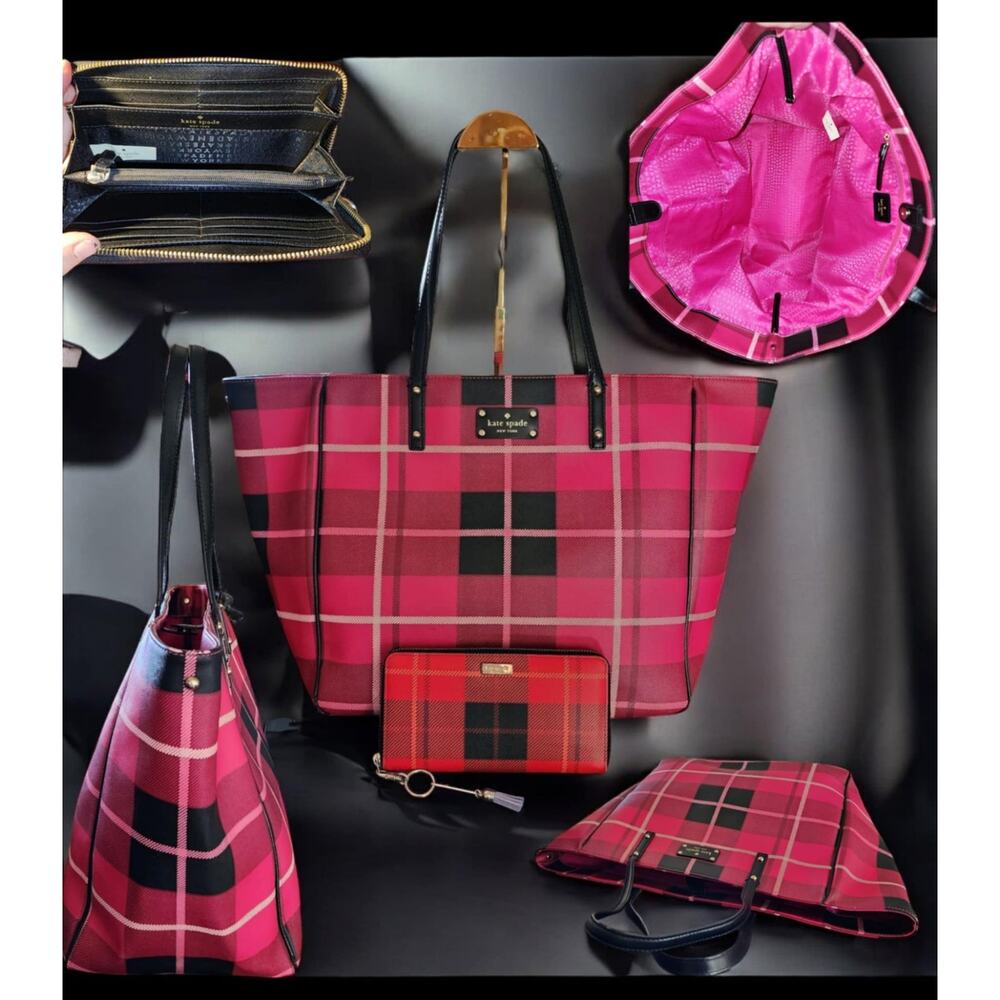 Kate Spade Ellison Avenue Sidney Tote Bag, Plaid Snapdragon Pink and wallet